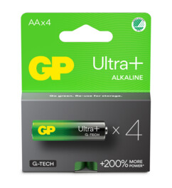 Pack de 4 piles alcalines AA Ultra+ de la marque GP dans leur emballage cartonné verte et gris foncé