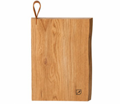 Planche à découper en chêne massif Pearl avec lanière en cuir et grain de bois naturel apparent