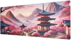 Tapis de souris XXL The G-Lab TEMPLE : pagode, cerisiers roses et montagnes brumeuses