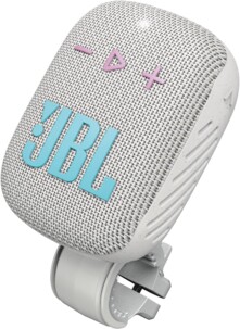 Enceinte bluetooth JBL Wind 3S grise en tissu avec logo cyan, boutons roses et clip de fixation