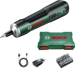 Visseuse Bosch PushDrive verte posée sur sa mallette avec ses embouts sur fond blanc