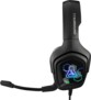 Vue de côté gauche du casque gaming Korp Cobalt 7.1 sur l'oreillette gauche avec logo The G-Lab rétroéclairé avec des LED RVB, câble 2,4 m pendant vers le bas et micro déplié