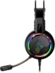 Vue de côté gauche du casque gaming PRO-H7 avec écouteur rembourré gauche rétroéclairé par LED RVB, microphone déplié vers l'avant, câble d'alimentation pendant vers le bas et arceau rembourré visible sur le dessus